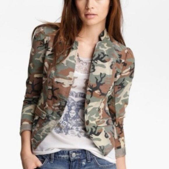 Free People Camo Green and Brown Blazer Tailored Fit Size 4 - Picture 1 of 7